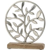 Decoratie levensboom rond van aluminium op houten voet 25 cm zilver   -