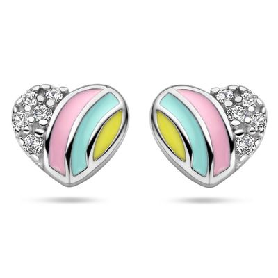 Oorknoppen Hartje zilver-emaille-zirconia roze-blauw-geel-wit 6 x 5,5 mm