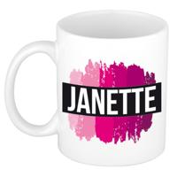 Janette naam cadeau koffie mok - beker - met roze verfstrepen - Cadeau collega - moederdag
