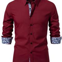 Bon&Bon Men's Floral Patchwork Long Sleeve Shirt | White Casual Work Red / M