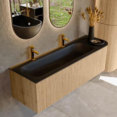 Mondiaz KURVE 145 cm Onderkast Greeploos 1 Lade Met Deuren Oak, Wastafel Solid Surface Links Urban 2 Kraangaten Zonder Spiegel (KRVBGL145R1L1D2KL-Oak/Urb)