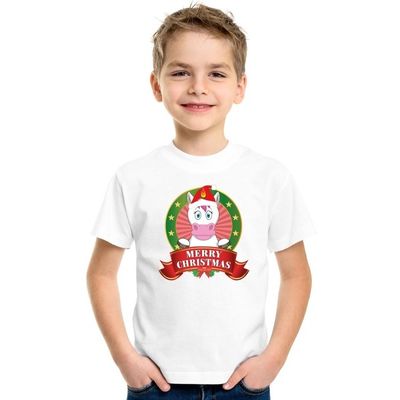 Wit Kerst t-shirt voor kinderen met een eenhoorn Wit Kerst t-shirt voor kinderen met een eenhoorn