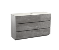 Storke Edge staand badmeubel 140 x 52 cm beton donkergrijs met Mata asymmetrisch linkse wastafel in mat witte solid surface