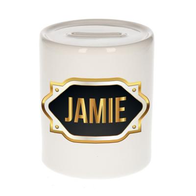 Spaarpot met voornaam Jamie - wit - goud/zwart embleem - 8 x 9 cm - keramiek - afsluitdop Spaarpot met voornaam Jamie - wit - goud/zwart embleem - 8 x 9 cm - keramiek - afsluitdop