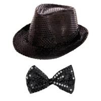 Carnaval verkleed set glitter hoed en strikje zwart - Verkleedhoofddeksels - thumbnail