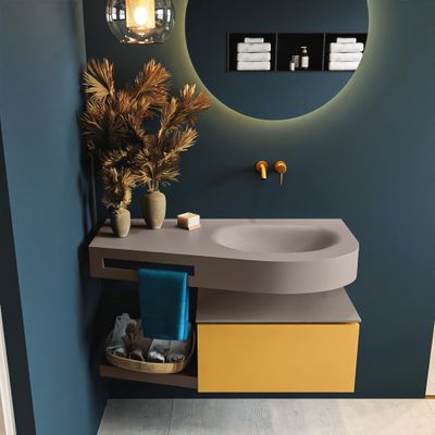 MONDIAZ RIVA 100cm badmeubel onderkast / planchet kleur Ocher met 1 lade. Wastafel DULCET rechts 0 kraangaten kleur Smoke. MONDIAZ RIVA 100cm badmeubel onderkast / planchet kleur Ocher met 1 lade. Wastafel DULCET rechts 0 kraangaten kleur Smoke.