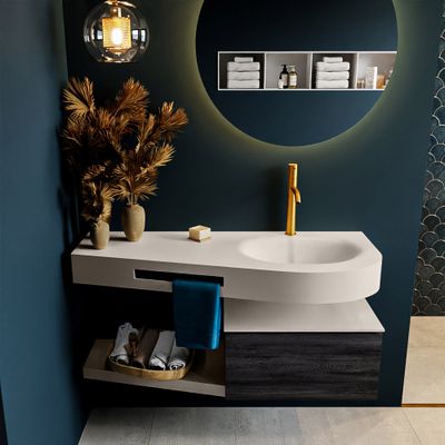 MONDIAZ RIVA 120cm badmeubel onderkast / planchet kleur Antracite met 1 lade. Wastafel DULCET rechts 1 kraangat kleur Linen. MONDIAZ RIVA 120cm badmeubel onderkast / planchet kleur Antracite met 1 lade. Wastafel DULCET rechts 1 kraangat kleur Linen.