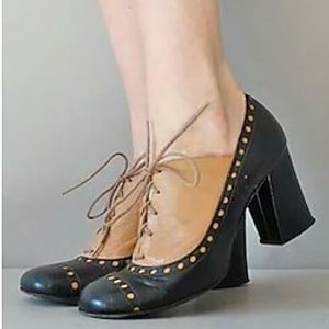 Dames Hoge hakken Bullock Shoes Grote maten Vintage schoenen Bruiloft Feest Dagelijks Blokhak Gepuntte Teen Vintage Modieus Luxueus PU Veters Kleurenblok Geel Licht Grijs Khaki miniinthebox
