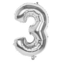 Cijfer Ballon Nummer '3' Zilver Folie 86cm Geschikt Voor Helium