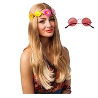 Hippie Flower Power Sixties verkleed set hoofdband met rode party bril