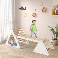 3-In-1 Klimdriehoek Ladder en Glijbaan Klimrek met Dubbelzijdige Helling Klimdriehoek voor Klimmen en Glijden (Wit + Natuur)
