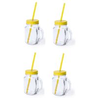 4x stuks Glazen Mason Jar drinkbekers gele dop en rietje 500 ml