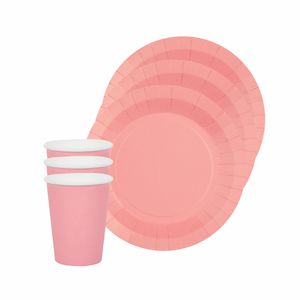 Feest/verjaardag servies set 10x gebaksbordjes en bekertjes - roze - karton