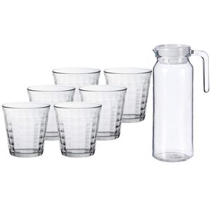 Glazen karaf/schenkkan met deksel van 1 liter met 6x stuks drinkglazen/waterglazen 275 ml