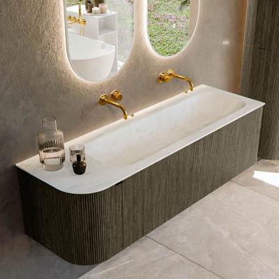 Badmeubel Mondiaz Kurve-Dlux | 145 cm cm | Meubelkleur Shadow | Wastafelkleur Opalo | Solid surface | Wasbak rechter zijde spoelbak | Zonder kraangat(en)