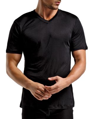 Zijden Heren T-Shirt V-Hals inSilk, Kleur Zwart, Maat Extra Large