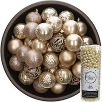 37x stuks kunststof kerstballen 6 cm inclusief kralenslinger champagne - Kerstbal - thumbnail