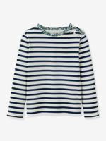 T-shirt met Bretonse strepen voor meisjes, liberty® stof, biologisch katoen CYRILLUS, lange mouwen blauw