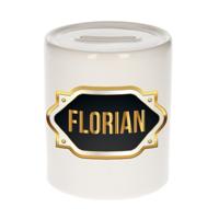 Spaarpot met voornaam Florian - wit - goud/zwart embleem - 8 x 9 cm - keramiek - afsluitdop