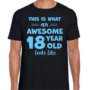 Cadeau T-shirt voor heren - leeftijd 18 jaar - awesome - zwart - glitter blauw - Verjaardagsfeest