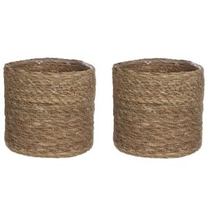 2x stuks naturel bruin rotan planten pot mand van gedraaid jute/riet H16 en D16 cm