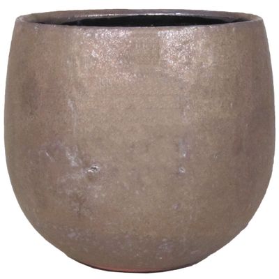 Bloempot/plantenpot schaal van keramiek glanzend brons kleur motief D18 cm en H21 cm