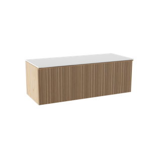 Balmani Forma zwevend badmeubel 135 x 55 cm naturel eiken met Stretto enkel of dubbel wastafelblad in solid surface mat wit, Verticale asymmetrische ronde ribbel