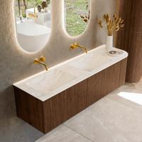 Badmeubel Mondiaz Kurve-Dlux | 155 cm | Meubelkleur Walnut | Wastafelkleur Ostra | Solid surface | Dubbele spoelbak | Zonder kraangat(en)