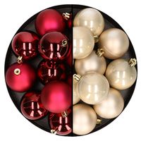 24x stuks kunststof kerstballen mix van donkerrood en champagne 6 cm