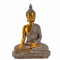 Boeddha beeldje zittend - binnen/buiten - kunststeen - betongrijs/goud - 27 x 39 cm - Beeldjes