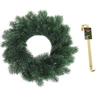 Kunst kerstkrans blauwgroen 35 cm met gouden hanger - Kerstkransen - thumbnail