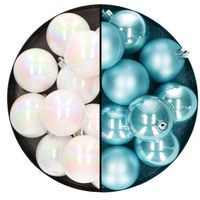Kerstballen 24x stuks - mix parelmoer wit en ijsblauw - 6 cm - kunststof - Kerstbal