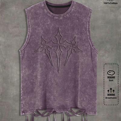 Bon&Bon Men's Distressed Cotton Sleeveless T-Shirt - Vintage Black Tank Purple / S