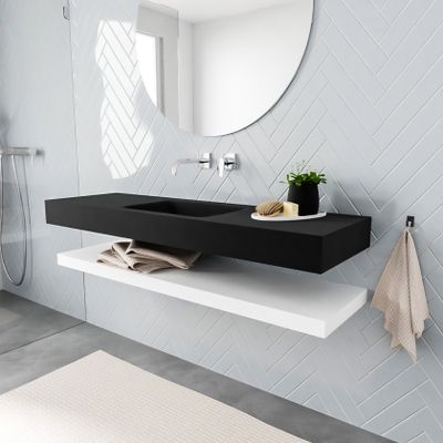 Mondiaz Alan badmeubel 150 cm solid suface planchet talc vrijhangend wastafel midden zonder kraangat zwart