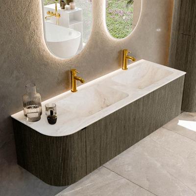 Badmeubel Mondiaz Kurve-Dlux | 145 cm cm | Meubelkleur Shadow | Wastafelkleur Frappe | Solid surface | Dubbel / Rechts spoelbak | 2 kraangaten