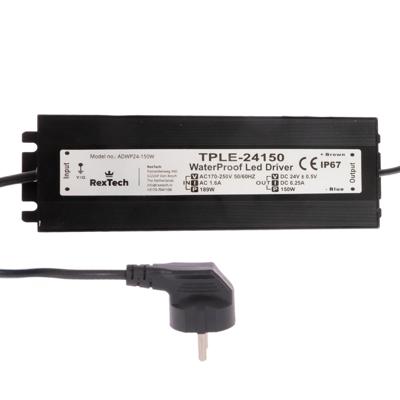150 watt - 24v / 6.25a waterdichte adapter voor led strips