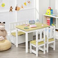 4-Delige Kindertafel & Stoel Set 2-In-1 Houten Peuter Activiteit Tafel Set met 2 Stoelen 1 Opbergbankje Kindermeubilair Natuurlijke