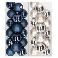 32x stuks kunststof kerstballen mix van donkerblauw en zilver 4 cm - thumbnail