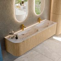 Badmeubel Mondiaz Kurve-Dlux | 175 cm | Meubelkleur Oak | Wastafelkleur Nata | Solid surface | Dubbel / Rechts spoelbak | 2 kraangaten