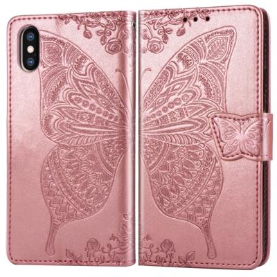 Butterfly Love bloemen reliëf horizontale Flip lederen case voor iPhone X met houder & kaartsleuven & portemonnee & Lanyard (Rose goud)