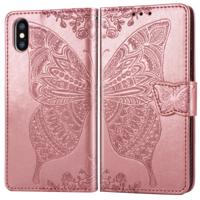 Butterfly Love bloemen reliëf horizontale Flip lederen case voor iPhone X met houder & kaartsleuven & portemonnee & Lanyard (Rose goud)