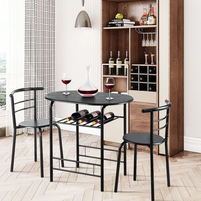 3 Stuks Eettafel Set 1 Tafel en 2 Stoelen Set Ovale Tafel en Midden-Rug Stoelen met Ingebouwd Rek Bistro Eettafel Set Zwart