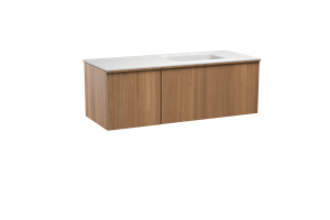 Balmani Forma zwevend badmeubel 135 x 55 cm teakhout met Tablo Arcato asymmetrisch rechtse wastafel in solid surface mat wit, Verticale symmetrische rechte ribbel