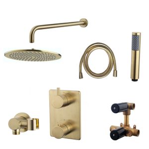 Inbouwthermostaatset Wiesbaden Caral Rond 30cm Muuruitloop Geborsteld Messing Goud PVD Coating