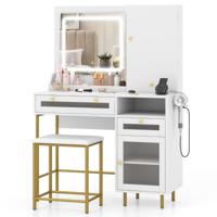 Kaptafel en Krukset Make-Uptafel met 3-Kleuren LED-Spiegel Oplaadstation Sieradenkast en Lades Moderne Kaptafel Wit