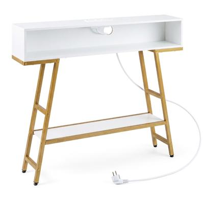 Console met Ledverlichting en Oplaadstation 3-Traps Haltafel met Opbergruimte en Legplank Smalle Salontafel 100 x 20 x 86,5 cm-Wit