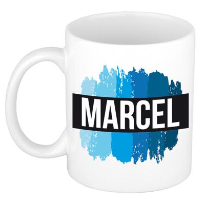 Naam cadeau mok - Marcel - met blauwe verfstrepen - 300 ml - beker - koffiemok