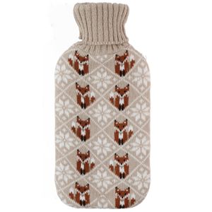 Warmwaterkruik 2 liter met zachte gebreide vossen print hoes beige