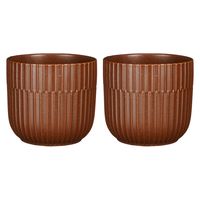 2x Stuks Plantenpot/bloempot keramiek mat bruin stripes patroon - D12.5/H11 cm - thumbnail