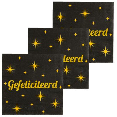 Verjaardag feest servetten - Gefeliciteerd - 48x stuks - zwart/goud - 33 x 33 cm